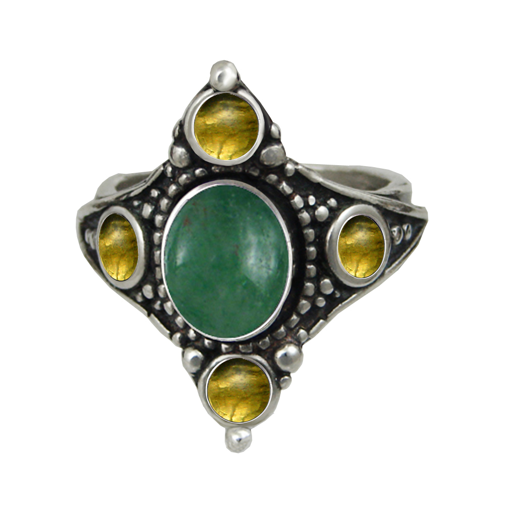 Sterling Silver Renaissance Queen's Ring With Jade And Citrine Size 9 Sterling Silver Renaissance Queen's Ring With Jade And Citrine Size 9